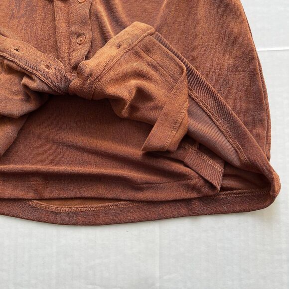 WITH JEAN KNIT ANDY MINI DRESS BUTTON FRONT LONG SLEEVE RUSCHING DETAIL BROWN XS - Picture 7 of 15